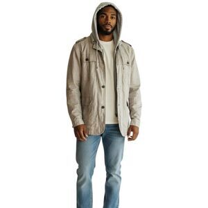 Edge WD NY Gray Linen Field Jacket Size L Attached Hood Utility Safari Coat